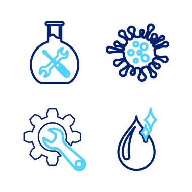 Set line Clean water drop Wrench and gear Bacteria and Bioengineering service icon. Vector.