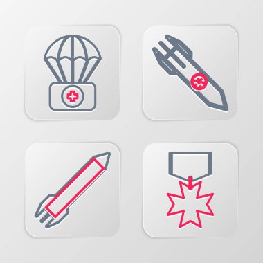 Set line Military reward medal Rocket Nuclear rocket and Parachute with first aid kit icon. Vector.
