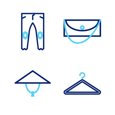 Set line Hanger wardrobe Asian conical hat Clutch bag and Pants icon. Vector.