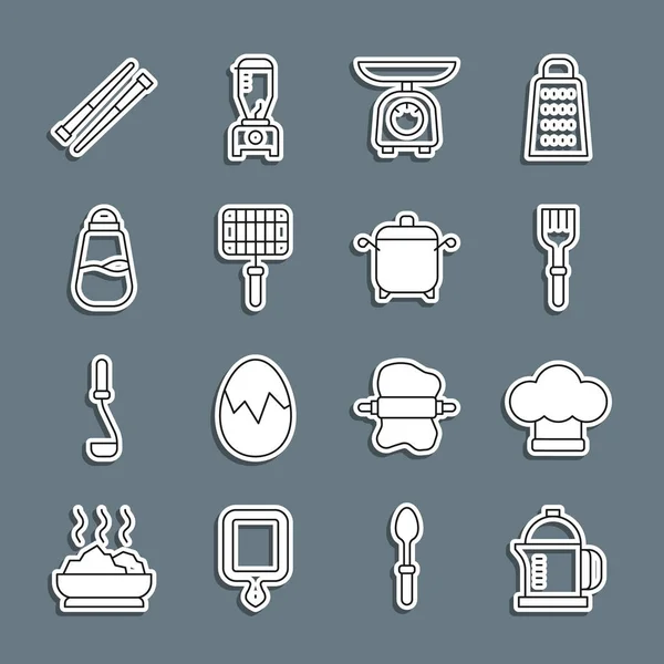 Set line French press Chef hat Fork Scales Barbecue steel grid Salt Food chopsticks and Cooking pot icon. Vector.