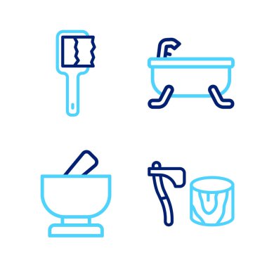 Set line Wooden axe in stump Mortar and pestle Bathtub and Sauna brush icon. Vector.