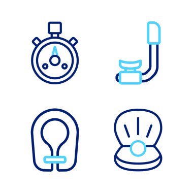 Set line Pearl Life jacket Snorkel and Stopwatch icon. Vector.