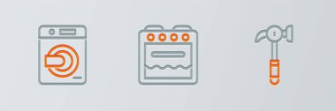 Set line Hammer Washer and Oven icon. Vector.
