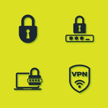 Set Lock, Shield with VPN wireless, Laptop password and Password protection icon. Vector.