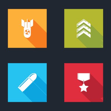 Set Nuclear bomb, Military rank, Bullet and reward medal icon. Vector.