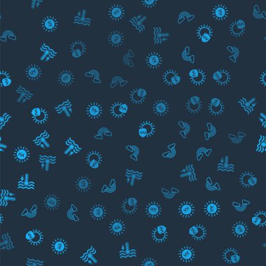 Set UV protection, Rainbow with clouds, and Water thermometer on seamless pattern. Vector.