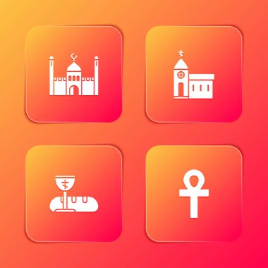 Set Muslim Mosque, Church building, First communion symbols and Cross ankh icon. Vector.