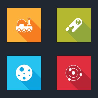 Set Mars rover, Comet falling down fast, Planet and Solar system icon. Vector.