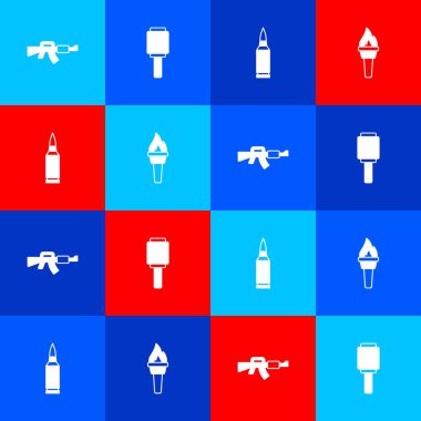 Set M16A1 rifle, Anti-tank hand grenade, Bullet and Torch flame icon. Vector.