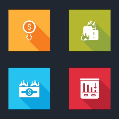 Set Dollar rate decrease, Fire in burning house, Burning dollar bill and Pie chart infographic icon. Vector.