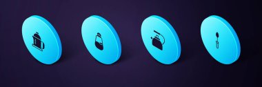 Set Isometric Teaspoon Kettle with handle Salt and French press icon. Vector.