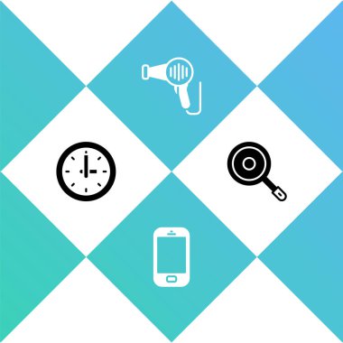 Set Clock Mobile phone Hair dryer and Frying pan icon. Vector.