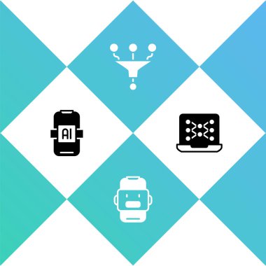 Set Artificial intelligence AI Chat bot Funnel or filter and Neural network icon. Vector.