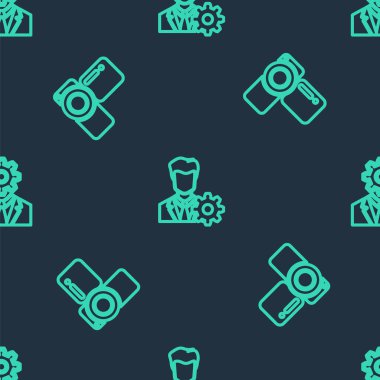 Set line Profile settings, Cinema camera and Head with gear inside on seamless pattern. Vector.