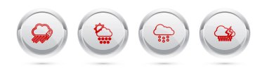 Set line Cloud with rain and lightning, snow sun, and . Silver circle button. Vector.