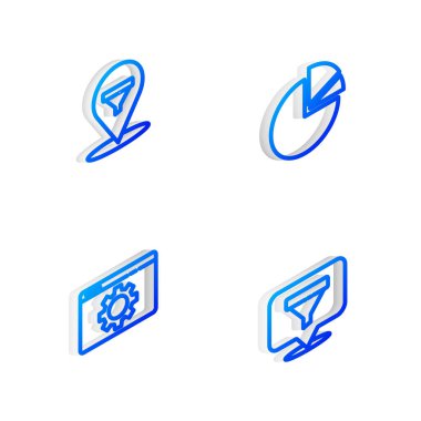 Set Isometric line Pie chart infographic, Location with sales funnel, Browser setting and icon. Vector.
