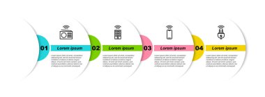 Set line Smart radio, home with wireless, Wireless smartphone and electric plug. Business infographic template. Vector.