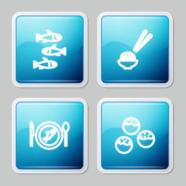 Set line Fishes, Sushi, Served fish on a plate and Takoyaki icon. Vector.