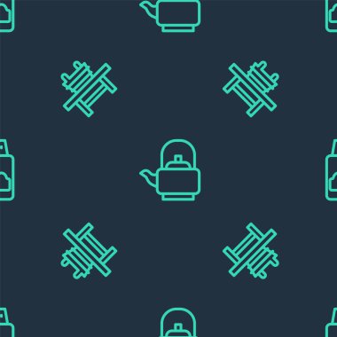 Set line Kettle with handle, Sauna bench bucket and Spray can for hairspray on seamless pattern. Vector.