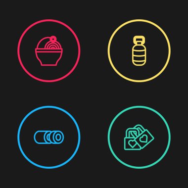 Set line Sushi, Lock with heart, Korean lantern and Ramen icon. Vector.