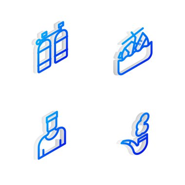Set Isometric line Sinking cruise ship Aqualung Sailor captain and Smoking pipe icon. Vector.