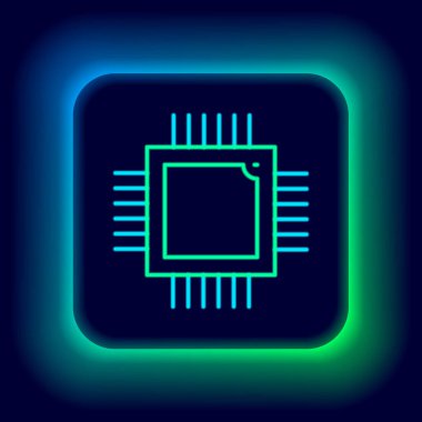 Siyah arkaplanda izole edilmiş mikro devreli parlayan neon hattı Bilgisayar işlemcisi. Devre kartlı çip ya da işlemci. Mikro işlemci. Renkli taslak konsepti. Vektör.