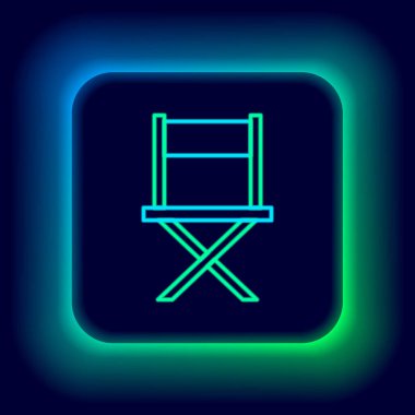 Parlayan neon hattı yönetmen koltuğu simgesi siyah arkaplanda izole edildi. Film endüstrisi. Renkli taslak konsepti. Vektör.