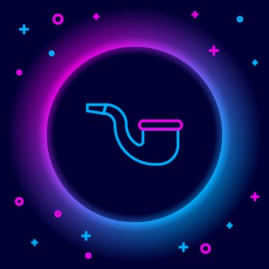 Parlayan neon hattı siyah arkaplanda sigara içilmeyen simge. Sigara içme. Tütün piposu. Renkli taslak konsepti. Vektör.