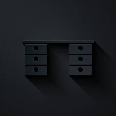 Kağıt kesiği ofis masa simgesi siyah arkaplanda izole edildi. Kağıt sanatı tarzı. Vektör.