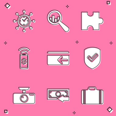 Set Clock and gear Magnifying glass analysis Piece of puzzle Contactless payment Cash back and Shield with check mark icon. Vector.