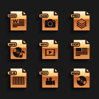 Set MP4 file document MOV WMA PDF XLS MP3 PSD and DOC icon. Vector.