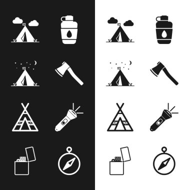 Set Wooden axe Tourist tent with flag Canteen water bottle Flashlight Compass and Lighter icon. Vector.