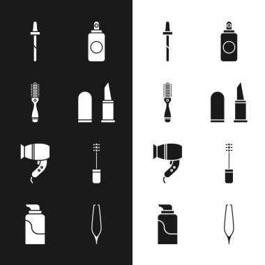 Set Lipstick Hairbrush Pipette Spray can dryer Mascara Eyebrow tweezers and Cream cosmetic tube icon. Vector.