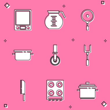 Set Electronic scales Coffee pot Frying pan Cooking Pizza knife Barbecue fork Knife and Gas stove icon. Vector.
