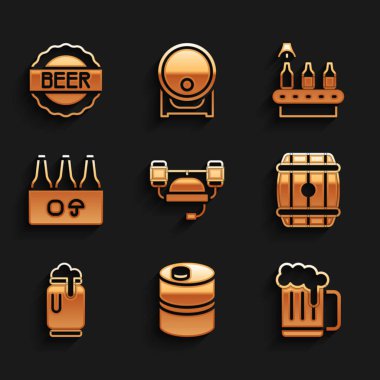 Set Beer helmet Metal beer keg Wooden mug barrel can with foam Pack of bottles Conveyor band and Bottle cap icon. Vector.