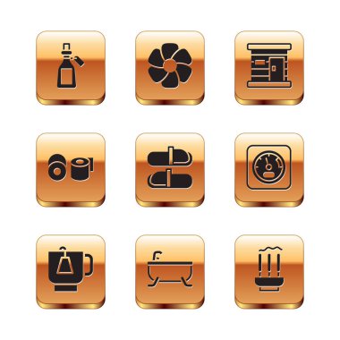 Set Essential oil bottle Cup of tea with tea bag Bathtub Sauna slippers Toilet paper roll wooden bathhouse Incense sticks and Flower icon. Vector.