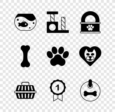 Set Aquarium with fish Cat scratching post Canned food Pet carry case Dog award symbol collar bone and Paw print icon. Vector.