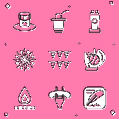 Set Patriotic American top hat Beer pong game Stage stand or tribune Firework Carnival garland with flags Baseball glove ball Campfire and Sausage the fork icon. Vector.