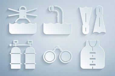Set Binoculars Flippers for swimming Aqualung Life jacket Periscope and Lighthouse icon. Vector.