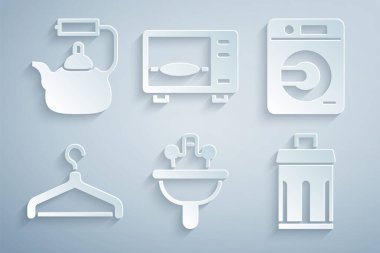 Set Washbasin Washer Hanger wardrobe Trash can Microwave oven and Kettle with handle icon. Vector.