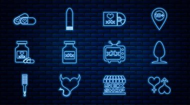 Set line Male and female heart Anal plug Disc with inscription Sex Bottle pills for potency Pills tv old television and Dildo vibrator icon. Vector.