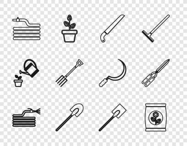 Set line Garden hose or fire hose Fertilizer bag saw shovel pitchfork and Gardening handmade scissor icon. Vector.