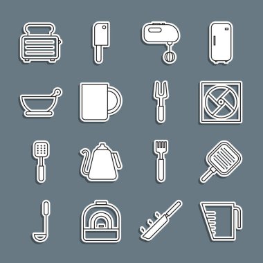 Set line Measuring cup Frying pan Ventilation Electric mixer Coffee Mortar and pestle Toaster with toasts and Barbecue fork icon. Vector.