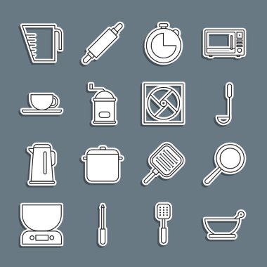 Set line Mortar and pestle Frying pan Kitchen ladle timer Manual coffee grinder Coffee cup Measuring and Ventilation icon. Vector.