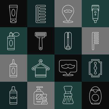 Set line Bottle of shampoo Blade razor Hairbrush Barbershop Shaving Aftershave bottle with atomizer Cream lotion cosmetic tube and Curling iron for hair icon. Vector.
