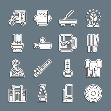 Set line Chakra Elephant Aroma sticks incense Scented spa Wood cricket bat and ball Incense Taxi tuk tuk and Cup of tea with tea bag icon. Vector.