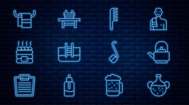 Set line Essential oil bottle Kettle with handle Hairbrush Swimming pool ladder Hot sauna stones Towel hanger Sauna ladle and bench bucket icon. Vector.