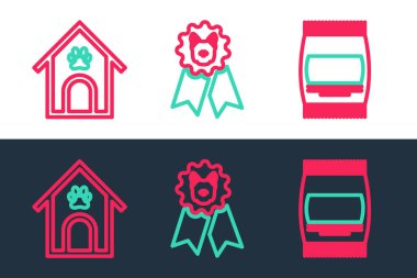 Set line Bag of food Dog house and paw print pet and award symbol icon. Vector.