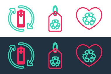 Set line Eco friendly heart Battery with recycle and Tag icon. Vector.