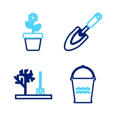 Set line Bucket Planting tree in the ground Garden trowel spade or shovel and Flower pot icon. Vector.